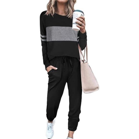 Women's Color Block 2-Piece Tracksuit: Crewneck Long Sleeve Top & Sweatpants - Picture 1 of 7